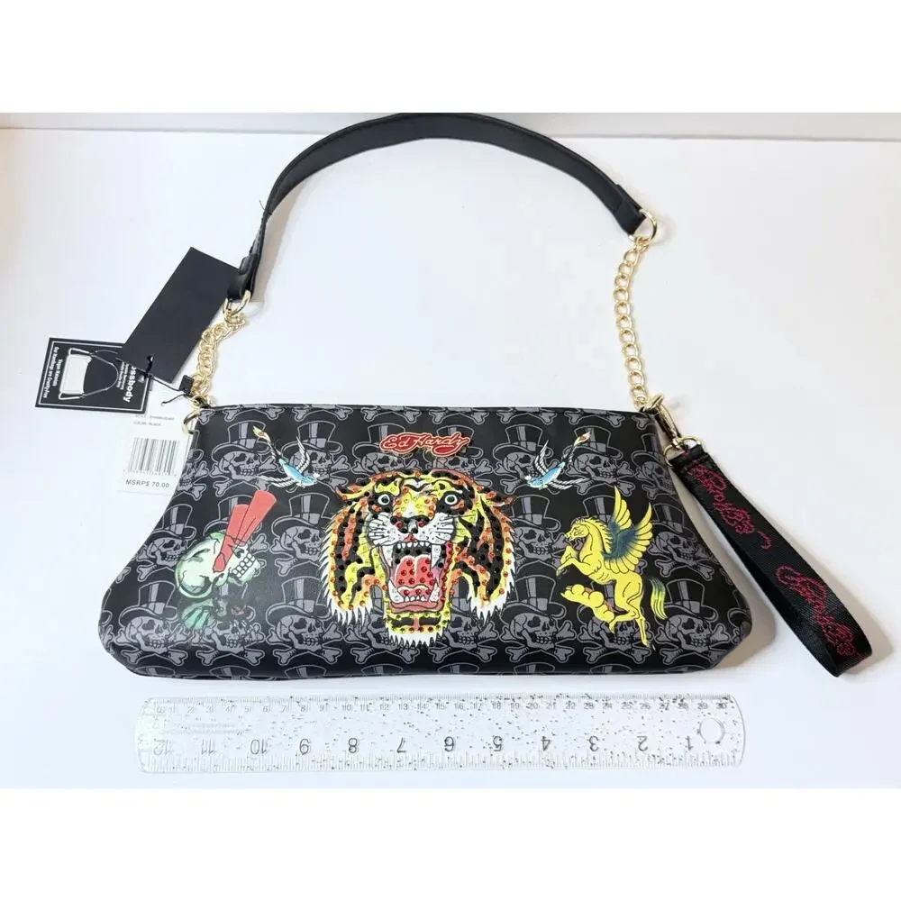 Ed Hardy Black Striking Tiger Tattoo Art With Rhinestones Shoulder Bag w/Charms